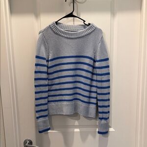 Elie Tahari Blue and Gray Striped Crew Neck Sweater